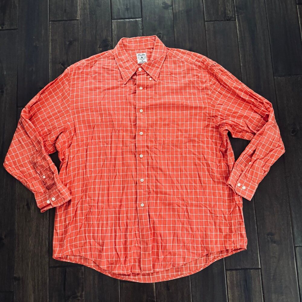 Brooks Brothers Orange Plaid Cotton Button-Front Sport Shirt XL